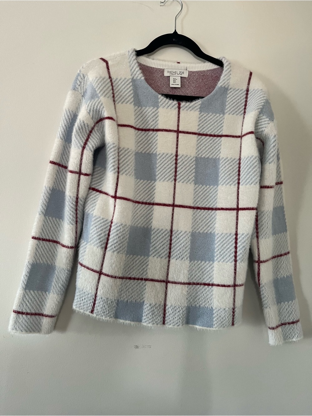 Rachel Zoe Blue White Plaid Sweater Large Preppy Business Casual Office Cozy